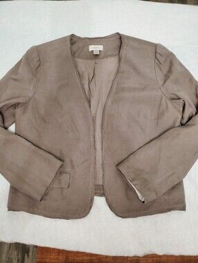 LOFT Size 14 Taupe Linen Blend Open Front Blazer Collarless Lined Puff Shoulder